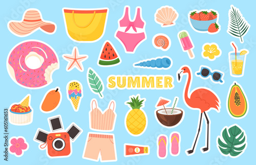 Summer colored set Stickers in flat style. Design labels of beach vacation and travel. Summertime scrapbook elements. Vector clipart isolated on white background