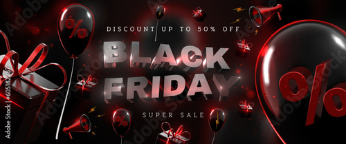 Black friday sale banner background with realistic gift box and balloons with megaphone on light effect and bokeh. Luxury style design concept. 3d vector illustration.