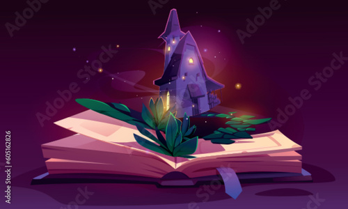 Open book of fairy adventure story to read kid vector magic illustration. Dream of fantasy medieval wizard house legend at night with sparkle elements. Kindergarten reading fairytale about kingdom