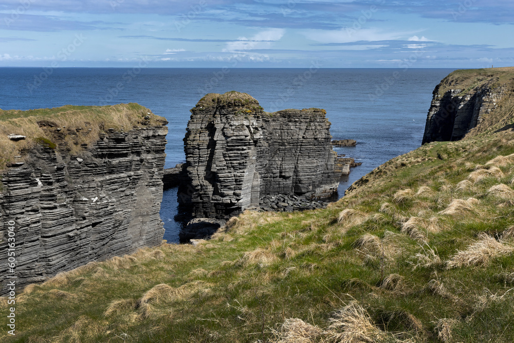 Cliffs and rocks at Nose head at nothern scottish coast. Scotland. Northsea coast. Pancake rocks. 