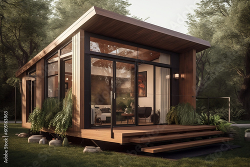  A modern tiny house with smartly designed compact living spaces, sustainable design elements, nestled in a tranquil natural setting, promoting minimalist and eco-friendly living. © Davivd