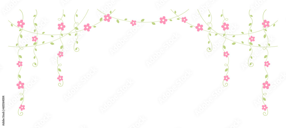 Hanging vines with pink flowers vector illustration. Simple minimal floral botanical vine curtain design elements for spring.
