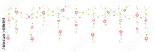 Hanging vines with pink flowers vector illustration. Simple minimal floral botanical vine curtain design elements for spring.