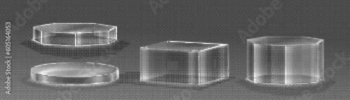 3d glass transparent clear stand podium display box isolated on background. Empty crystal pedestal platform for product showcase or presentation. Minimal realistic plastic square and cylinder stand