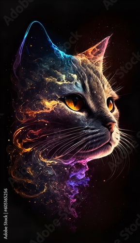 a cat's head depicted with a galaxy background
