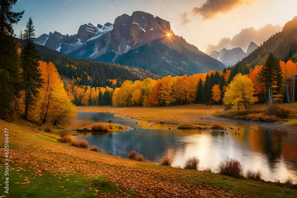 A picturesque meadow covered in a blanket of colorful autumn leaves