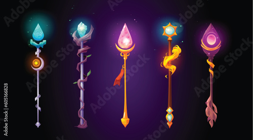 Magic wands, wizard staves, fantasy game weapon. Magician gold and silver sticks, sorcerer scepters with shiny gems, ice crystal and fire isolated on background, vector cartoon set