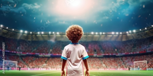 3D Render Football Player Standing in Soccer Stadium, Future Dream to Be a Professional Footballer. Generative AI © CYBERUSS