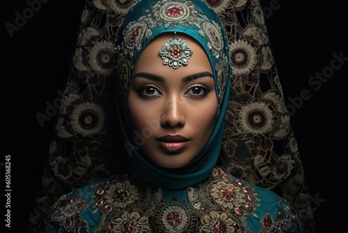 Closeup headshot of beautiful Malay Muslim woman wearing Hijab with black background using generative AI