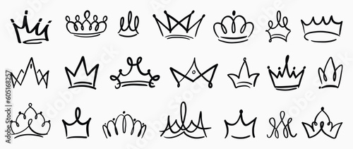 Set of doodle crowns vector. Hand drawn king or queen crowns luxurious prince and princess head accessories, diadems. Royal head tiara illustration collection design for graffiti, decorative.