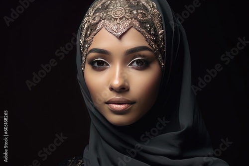 Closeup headshot of beautiful Arabic Muslim woman with black background using generative AI