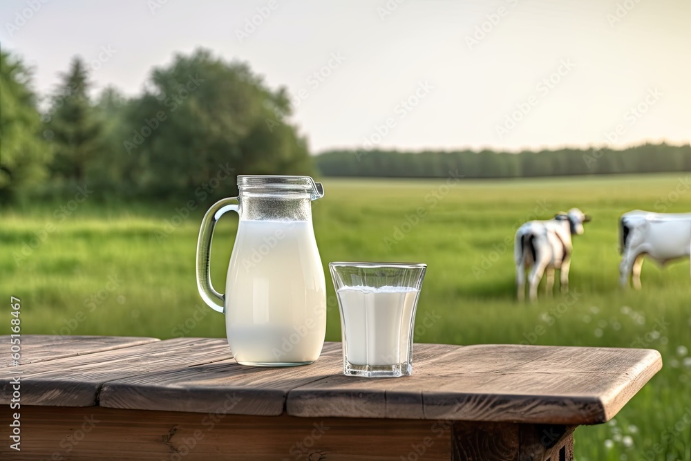 Refreshing Dairy Delight. Fresh Milk in a Jug and glass on a Wooden Table Refreshing Dairy Delight. Fresh Milk in a Jug and glass on a Wooden Table