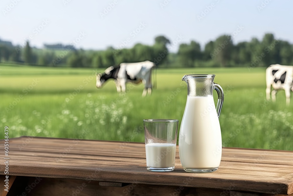 Refreshing Dairy Delight. Fresh Milk in a Jug and glass on a Wooden Table Refreshing Dairy Delight. Fresh Milk in a Jug and glass on a Wooden Table