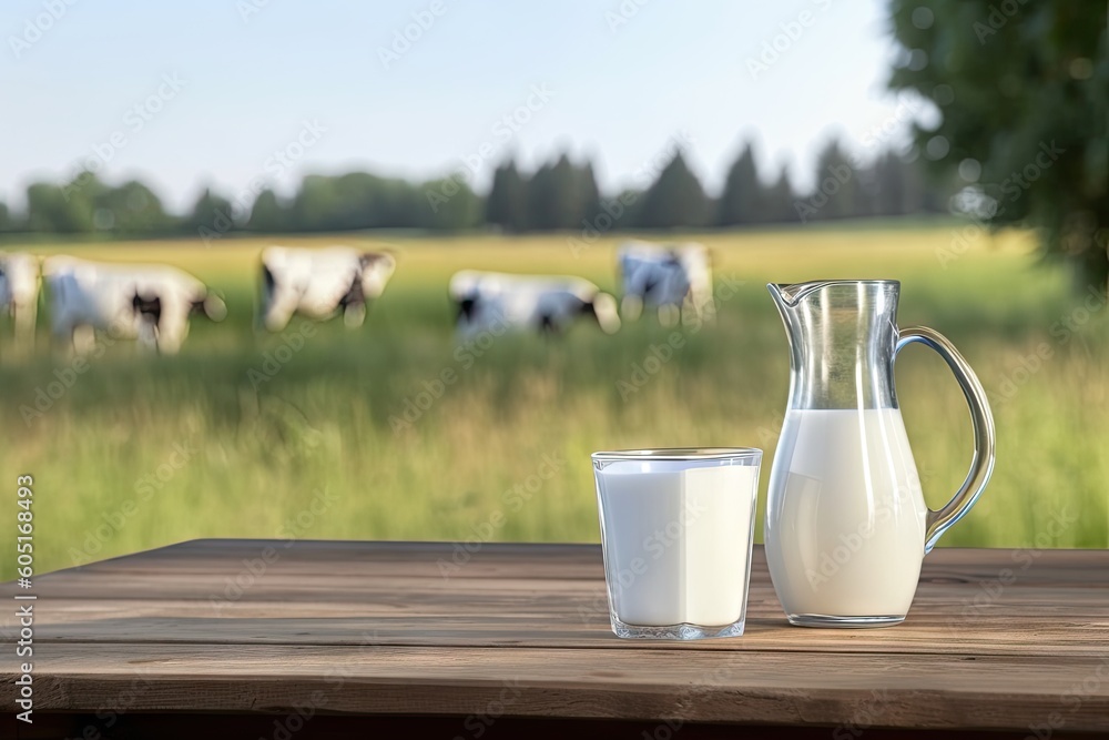 Refreshing Dairy Delight. Fresh Milk in a Jug and glass on a Wooden Table Refreshing Dairy Delight. Fresh Milk in a Jug and glass on a Wooden Table