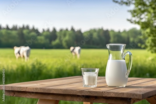 Refreshing Dairy Delight. Fresh Milk in a Jug and glass on a Wooden Table