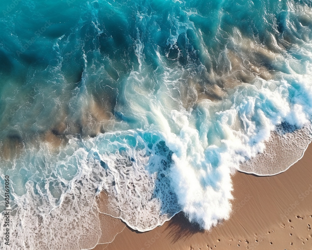 Sandy Beach and waves from the top view,  Ocean wave water background, Summer seascape from air. abstract Landscape Aerial photography of the sea wave. The ocean and beach. Copy space