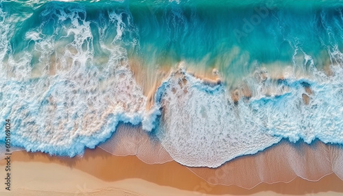 Sandy Beach and waves from the top view, Ocean wave water background, Summer seascape from air. abstract Landscape Aerial photography of the sea wave. The ocean and beach. Copy space