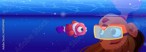 Girl diving in ocean underwater cartoon adventure. young curious undersea water diver and deep snorkeling vector background illustration. Woman swimmer head down in blue sea and meet clownfish