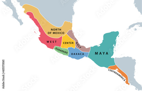 Mesoamerica and its cultural areas map. Historical region from southern part of North America to most of Central America. North of Mexico, West, Center, Gulf, Guerrero, Oaxaca, Maya and Centroamerica. photo