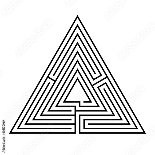 Triangular maze, a labyrinth with a single path (unicursal) from the entrance to the center or goal, in seven courses. Black and white, isolated illustration, on white background. Vector.