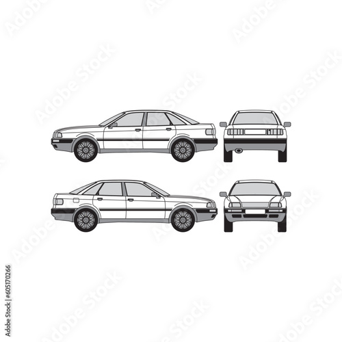 sedan car outline  year 1994  isolated white background  front  back and side view