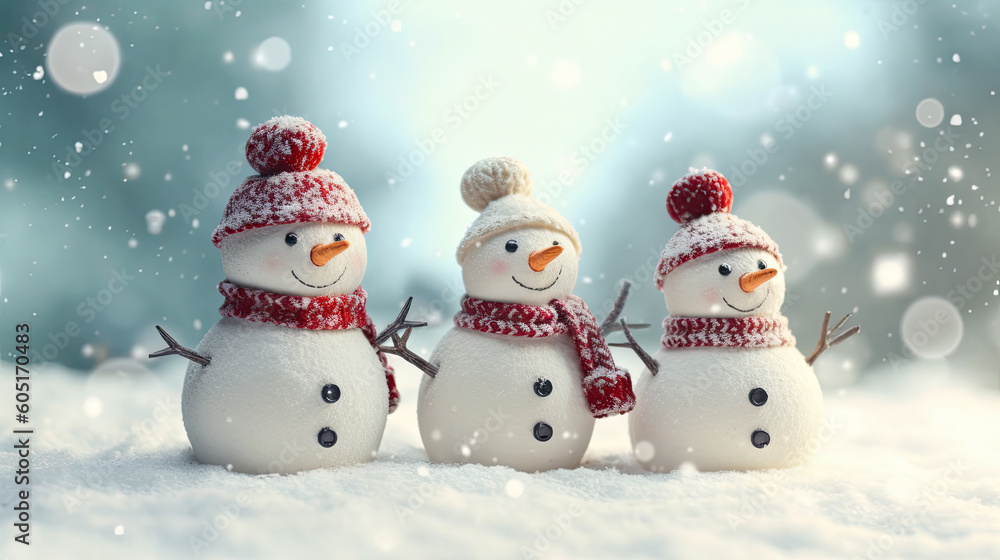 Three happy snowmen in knitted hats and scarves against a snowy background and beautiful bokeh. Family.Merry christmas and happy new year. Christmas card.Generative AI Three happy snowmen in knitted hats and scarves against a snowy background and beautiful bokeh. Family.Merry christmas and happy new year. Christmas card.Generative AI