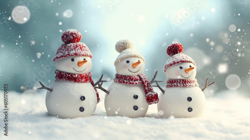 Three happy snowmen in knitted hats and scarves against a snowy background and beautiful bokeh. Family.Merry christmas and happy new year. Christmas card.Generative AI © Марина Сухина