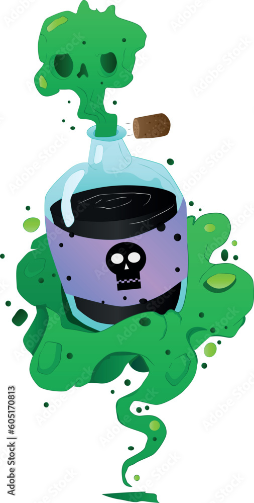 Obraz premium A bottle of poison from which green steam comes out in the form of a cloud with a skull