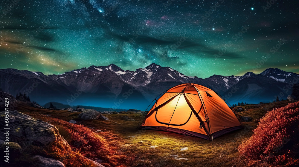 Colorful artistic camping with tent in the mountains by night with milky way. Generative AI.
