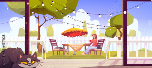 Woman drinking morning coffee in home garden. Vector cartoon illustration of female character having rest in backyard, sitting on chair at table under umbrella, cat sleeping on patio. Summer relax