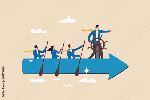Leadership to lead team to the right direction, employee teamwork to help success, manager to motivate team or company to move forward concept, businessman manager lead people teamwork sailing arrow. photo