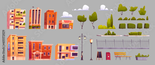 Cartoon set of city street design elements. Vector illustration of apartment buildings, shop, cafe, school, museum, park trees, bushes, fence, lanterns, bench, waste bin, clouds isolated on background