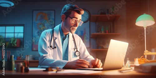Doctor Character Working on Computer in the Hospital. Generative Ai