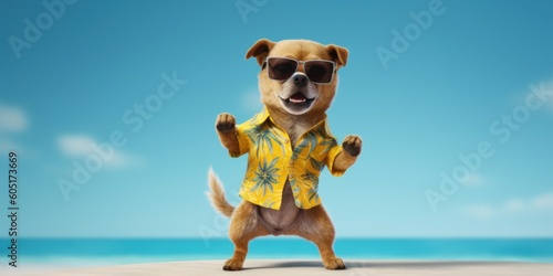 Dog with summer shirt and sunglasses dancing on tropical beach. Generative AI © CYBERUSS