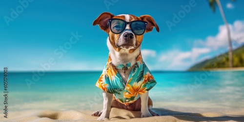 Dog Wearing Summer Shirt with Sunglasses on Tropical Beach. Generative AI © CYBERUSS