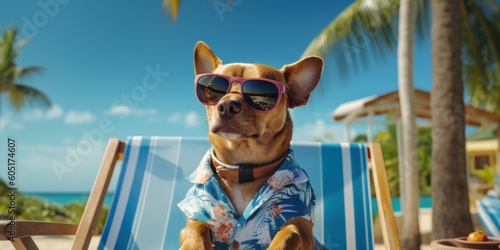 Dog Wearing Summer Shirt with Sunglasses Relax on Beach Chair. Generative AI