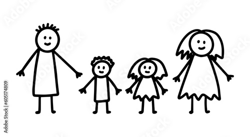 Kids doodle drawing of family with mom, dad and children, son and daughter. Two kids with mom and dad vector illustration.