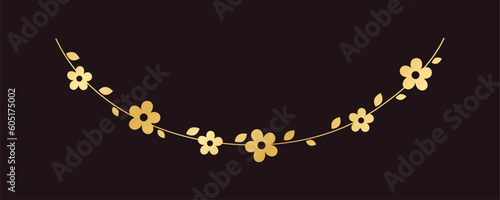 Golden hanging flower garland vector illustration. Simple gold floral botanical design elements for spring.