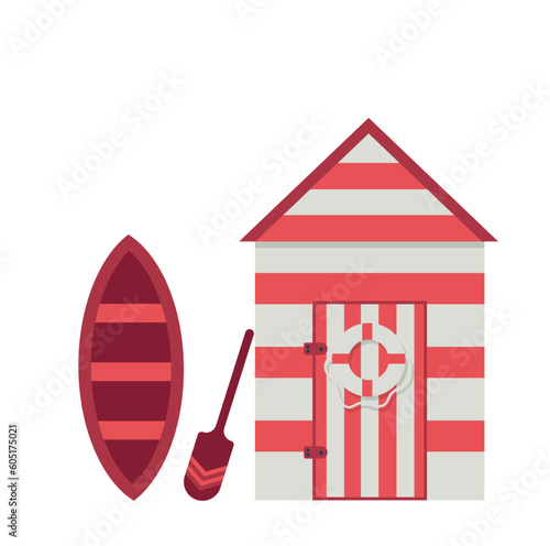 Beach hut with boat next to it.Vector illustration.