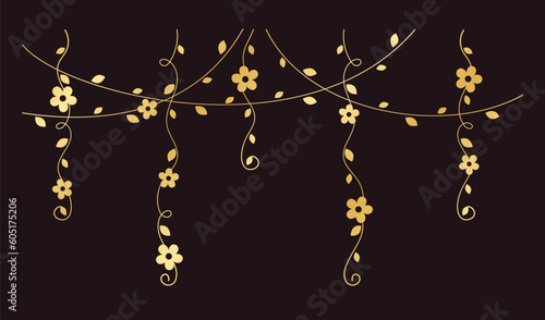 Gold vines with flowers vector illustration. Simple minimal golden floral botanical curtain design elements for spring.