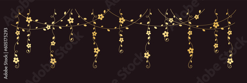 Gold vines with flowers vector illustration. Simple minimal golden floral botanical curtain design elements for spring.