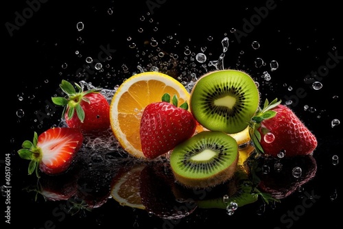 Fresh Fruits With Splash on Black Background. Generative Ai