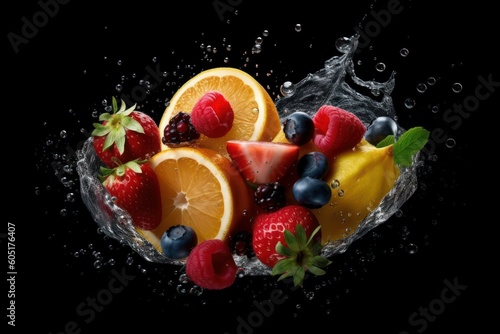 Fresh Fruits With Splash on Black Background. Generative Ai