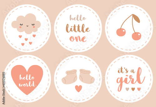 It's a Girl. Round Shape Vector Stickers. Lovely Baby Shower Party Decoration ideal for Tag, Toppers, Candy Bar. Smiling Cloud with Rain of Hearts, Baby Boots, Heart and Cherry on a White Background. 