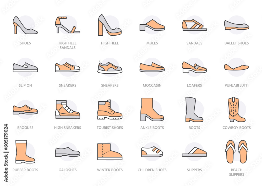Shoe line icon set. High heels sandal, cowboy boots, hiking footwear, sneakers, slipper minimal vector illustrations. Simple outline signs for fashion application. Orange color. Editable Stroke