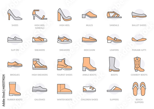 Shoe line icon set. High heels sandal, cowboy boots, hiking footwear, sneakers, slipper minimal vector illustrations. Simple outline signs for fashion application. Orange color. Editable Stroke