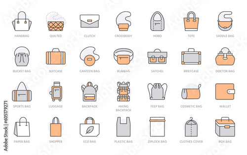 Bags line icon set. Purse types - tote, briefcase, fanny pack, shopper, luggage, plastic bag minimal vector illustrations. Simple outline signs for fashion app. Orange color. Editable Stroke