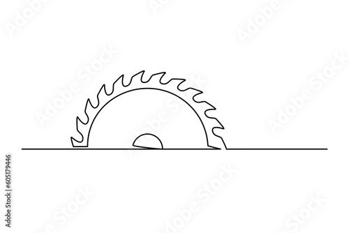 Continuous one line circular blade. Vintage circular blade isolated on a white background. Carpentry concept. Vector illustration