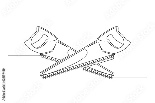 Continuous one line hand saws. Vintage hand saws isolated on a white background. Carpentry concept. Vector illustration