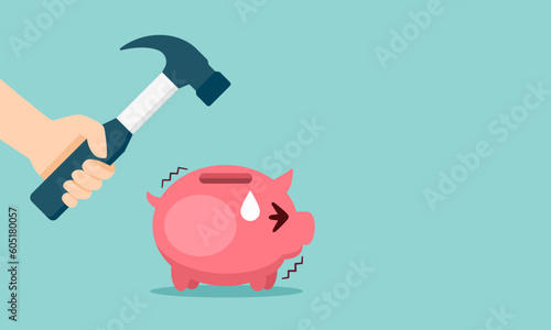 Hand holding a hammer above scare with sweat on the piggy bank. Need money for emergency concept. Vector illustration cartoon flat design with copy space.